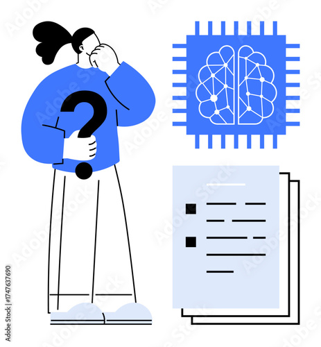Person holding question mark, contemplating neural circuits, AI technology, documents. Ideal for AI, decision-making, innovation, education problem-solving machine learning future concepts. Simple