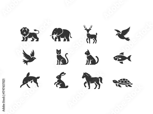 Black and white animals set silhouette in white background.