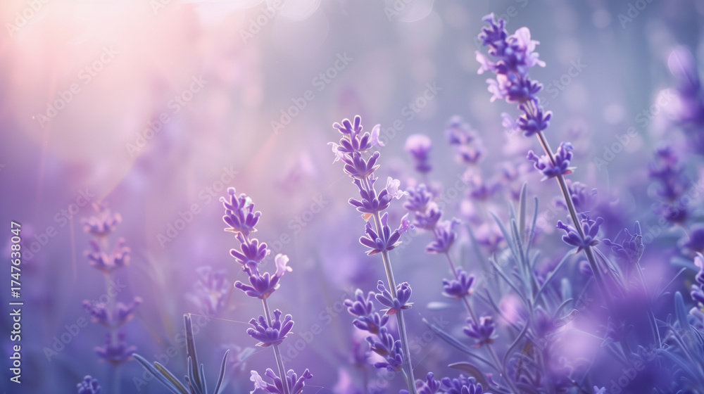 Fototapeta premium Purple lavender blossoms . Beautiful sunlit lavender field