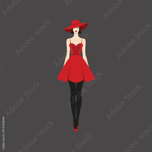elegant fashionable woman in a stunning red dress and wide-brimmed red hat stylish fashion vector illustration.