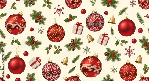 Seamless christmas pattern with ornaments gifts bells and festive decorations