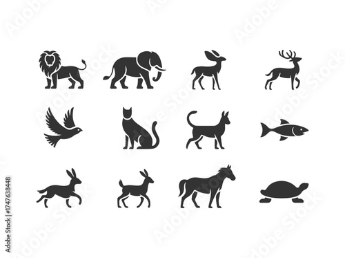 Black and white animals set silhouette in white background.