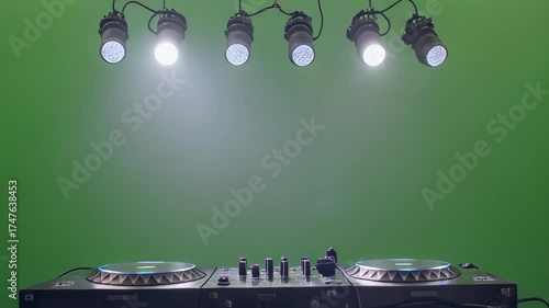 Professional D J turntable setup with illuminated platters and studio spotlights against a green screen background for easy compositing 4k animation video