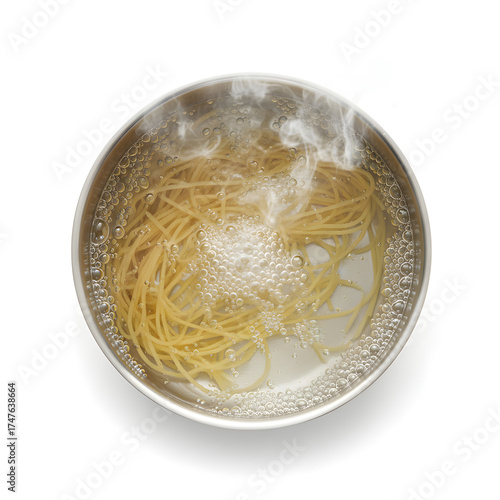 Isolated Top-Down Stainless Steel Saucepan with Boiling Spaghetti Pasta