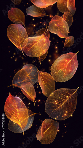 Autumnal Cascade Glowing Leaves Falling in the Night