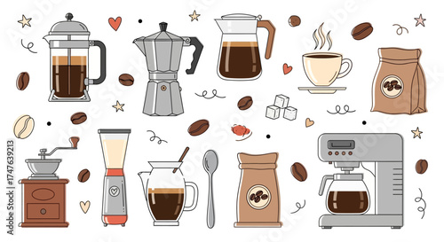 Vector illustration featuring doodle-style coffee equipment and accessories, white background