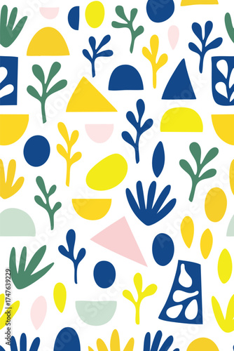 A playful, abstract seamless pattern with a paper cut-out style featuring organic and geometric shapes in yellow, navy blue, and green. This modern, Scandinavian design is perfect for kids' decor