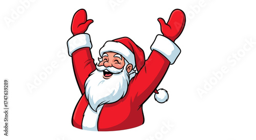 Vector illustration of a happy Santa Claus with arms raised in a joyful pose, white background