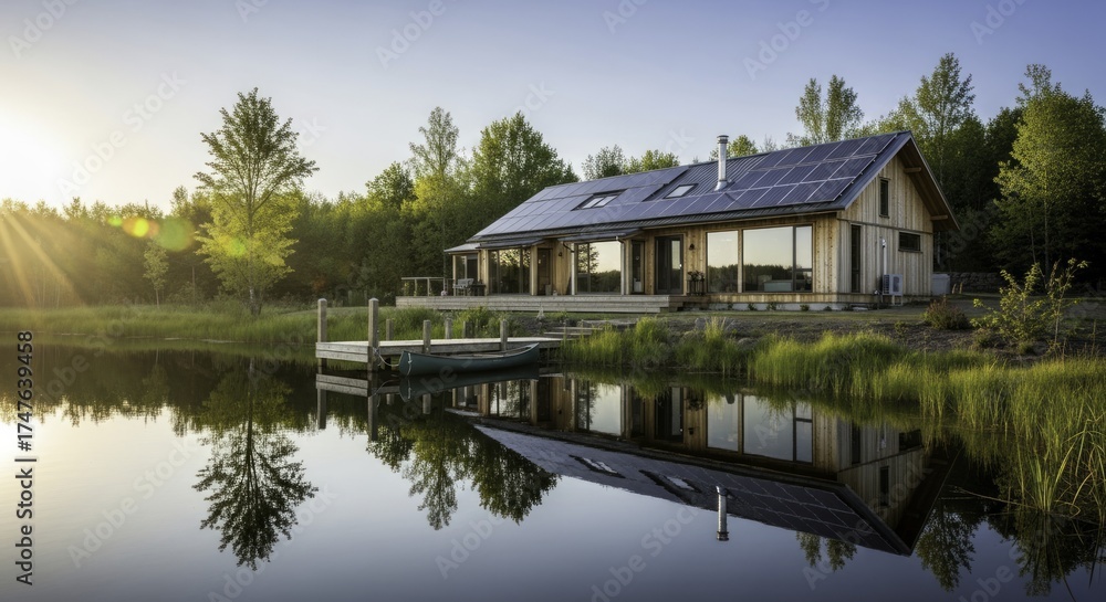 Fototapeta premium Tranquil Lakeside House with Solar Panels, Wooden Dock, and Canoe Reflected in Calm Water during Golden Hour Sunrise, Surrounded by Green Forest
