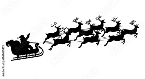 Silhouette of Santa Claus riding his sleigh pulled by reindeers, white background