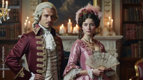 A man and woman in elaborate 18th-century attire stand poised in a candlelit room with bookshelves and a grand fireplace