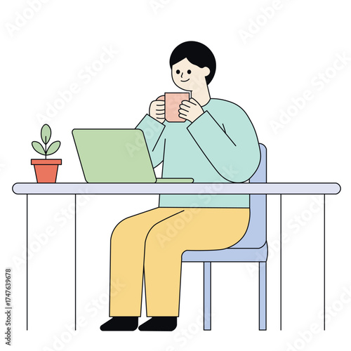 Minimalist flat vector of a young man sitting at desk, drinking coffee, and working on laptop. Perfect for remote work, freelancer, or home office concept.
