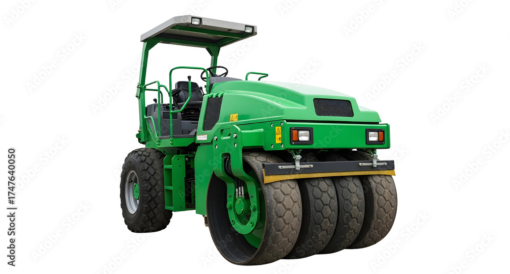 Obraz premium Green toy tractor isolated on white background with farm machinery details