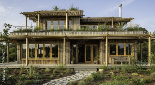 Eco-friendly modern rustic house with multi-story bamboo pergolas, green roofs, and natural landscaping, featuring a wooden facade, large software, and a stone pathway under a bright sky.