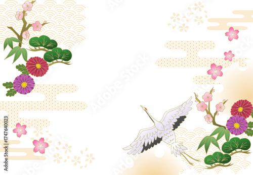 お正月 和風 和柄背景 松竹梅 鶴 牡丹 菊 年賀状 透過背景 New Year Japanese pattern background Pine, bamboo, plum, crane, peony, chrysanthemum, New Year's card,white
