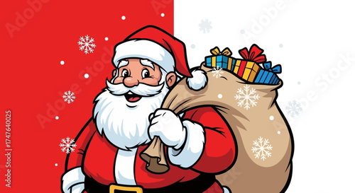 Cheerful cartoon Santa Claus illustration holding a sack with snowflakes on a red background, white background