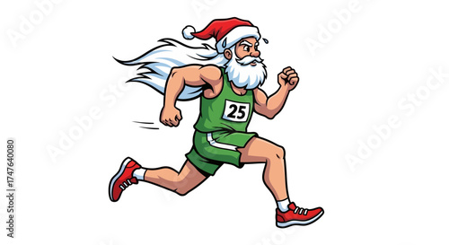 Cartoon illustration of Santa Claus running a race wearing a green tank top and shorts, white background