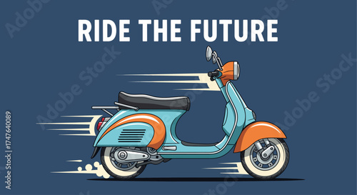A vibrant illustration of a classic retro scooter speeding forward, symbolizing fast urban mobility and future travel