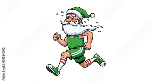 Cartoon illustration of Santa Claus running a race wearing a green tank top and shorts, white background