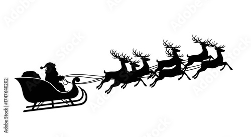 Vector silhouette of Santa Claus riding in his sleigh being pulled by reindeer, white background