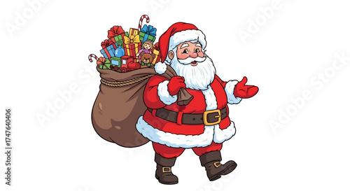 Illustration of a jolly Santa Claus carrying a sack full of gifts, white background