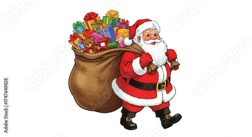 Illustration of a jolly Santa Claus carrying a sack full of gifts, white background