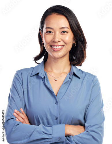 Portrait of only one Woman. White Background.