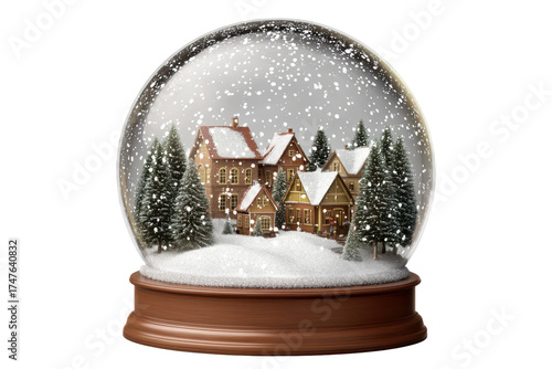 Snowglobe showcasing a charming Christmas village scene with snow-covered rooftops and evergreen trees in a cozy winter setting
