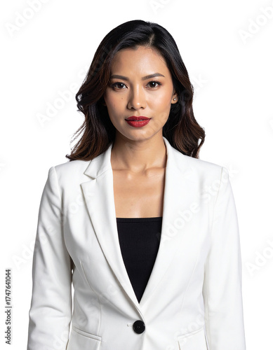 Portrait of only one Woman. White Background.