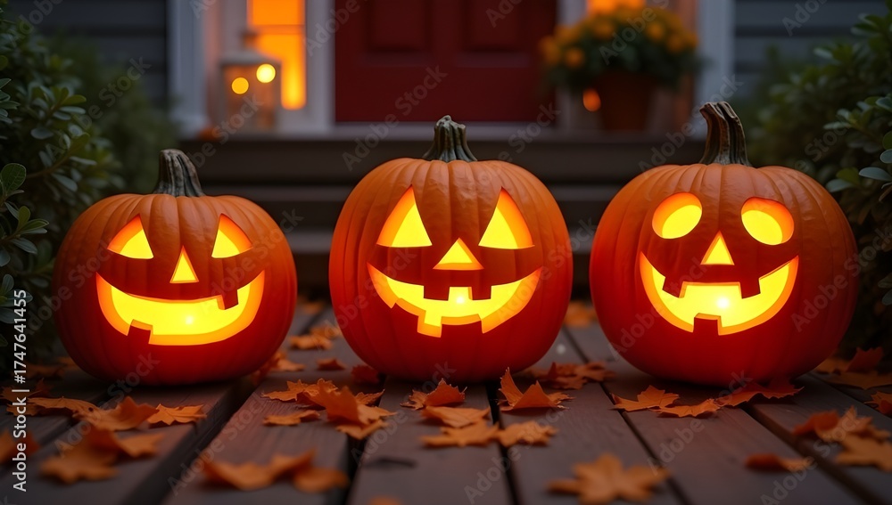 Obraz premium Friendly Jack-o'-Lanterns on Wooden Steps