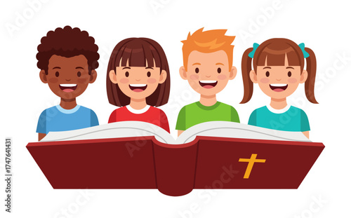  Group of diverse children reading the holy bible