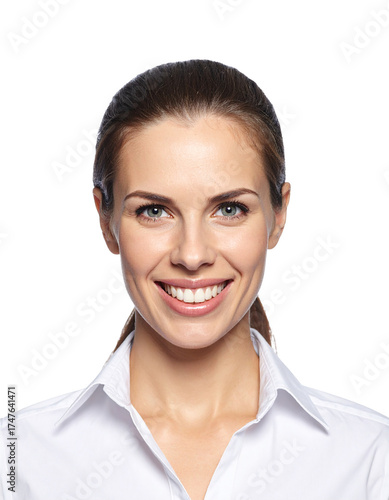 Portrait of only one Woman. White Background.