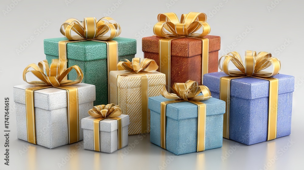 Obraz premium Vibrant assortment of small gift boxes in varied sizes and patterns arranged creatively for a festive presentation with ribbons bows and copy space for holiday birthday wedding and party designs
