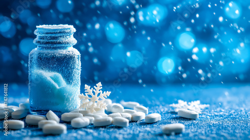 Small glass bottle filled with white powder and snowflakes on a
