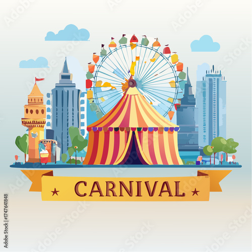Cartoon carnival scene with ferris wheel and colorful tent on a sunny day