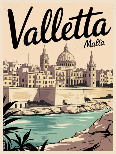 Retro mid-century modern travel poster of Valletta, Malta. Vintage Pan Am–style design with limestone skyline, turquoise sea, and elegant “Valletta” script in warm Mediterranean tones.