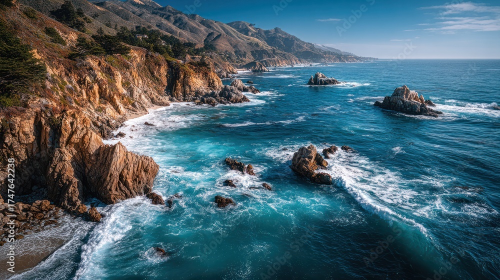 Fototapeta premium Breathtaking coastal landscape with rugged cliffs crashing waves large rocks sea ocean shoreline and distant mountain range under clear blue sky du daytime