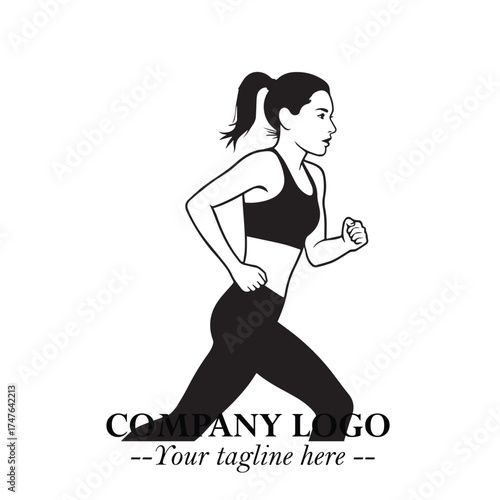 Beautiful Woman Running Illustration in Black on White Background in Dynamic Minimalist Vector Design