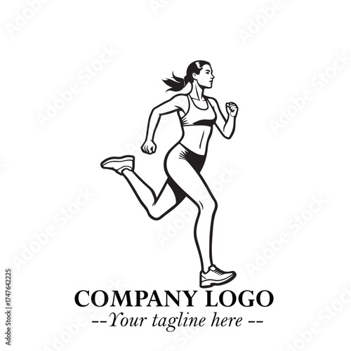Beautiful Woman Running Illustration in Black on White Background in Dynamic Minimalist Vector Design