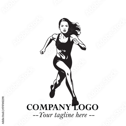 Beautiful Woman Running Illustration in Black on White Background in Dynamic Minimalist Vector Design