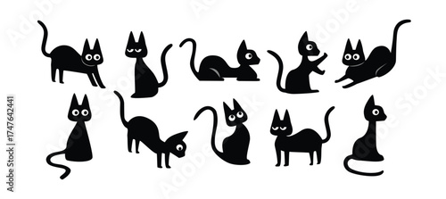 Playful Black Cat Silhouettes in Various Poses. Set of Black Cat Illustrations. Playful Cat Expressions