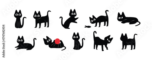 Cute Black Cat Characters in Various Playful Poses. Cute Black Cats in Different Poses. Adorable Black Cat Poses