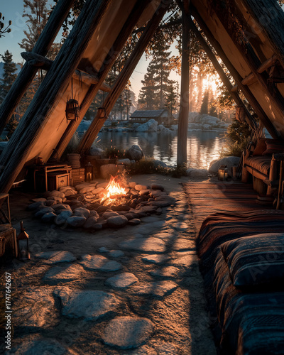 A small cabin with a fire pit and a bed