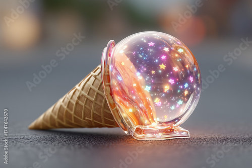 A glass ball is on top of an ice cream cone