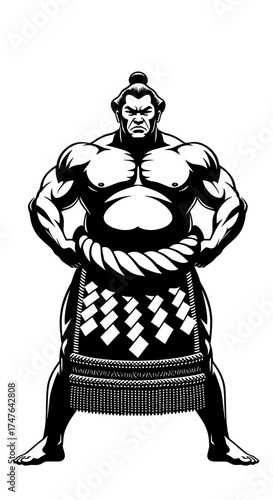 Powerful sumo wrestler standing firmly with hands on hips in dynamic black and white illustration