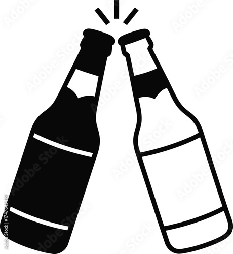 Cheers two beer bottles clinking together celebrating occasion flat icon