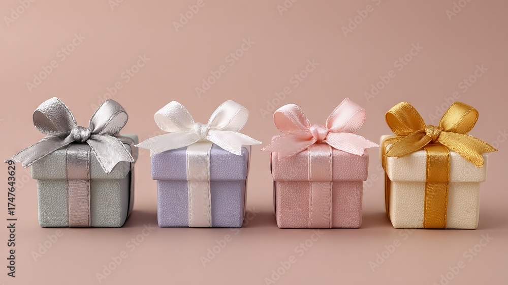 Obraz premium Four pastel gift boxes with matching ribbon bows arranged in a neat row on a soft pink background minimal festive packaging mockup with copy space for birthday wedding baby shower and holiday designs