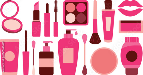 Collection of decorative cosmetics and skincare products in pink colors flat design