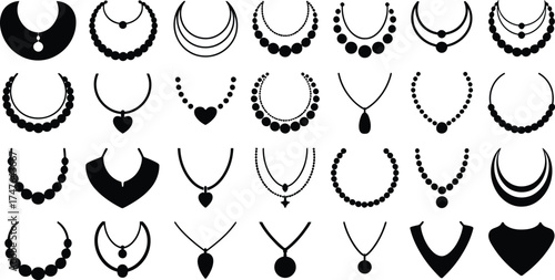 Collection of necklace designs in black and white vector format