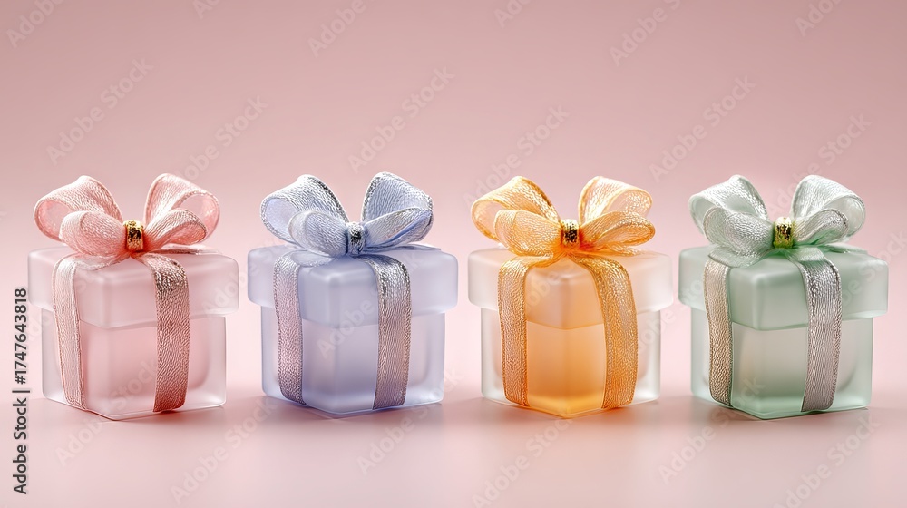 Obraz premium Four small translucent pastel gift boxes with ribbon bows arranged in a row on a pink background minimal festive present set for greeting cards web banners product mockups and soft holiday marketing
